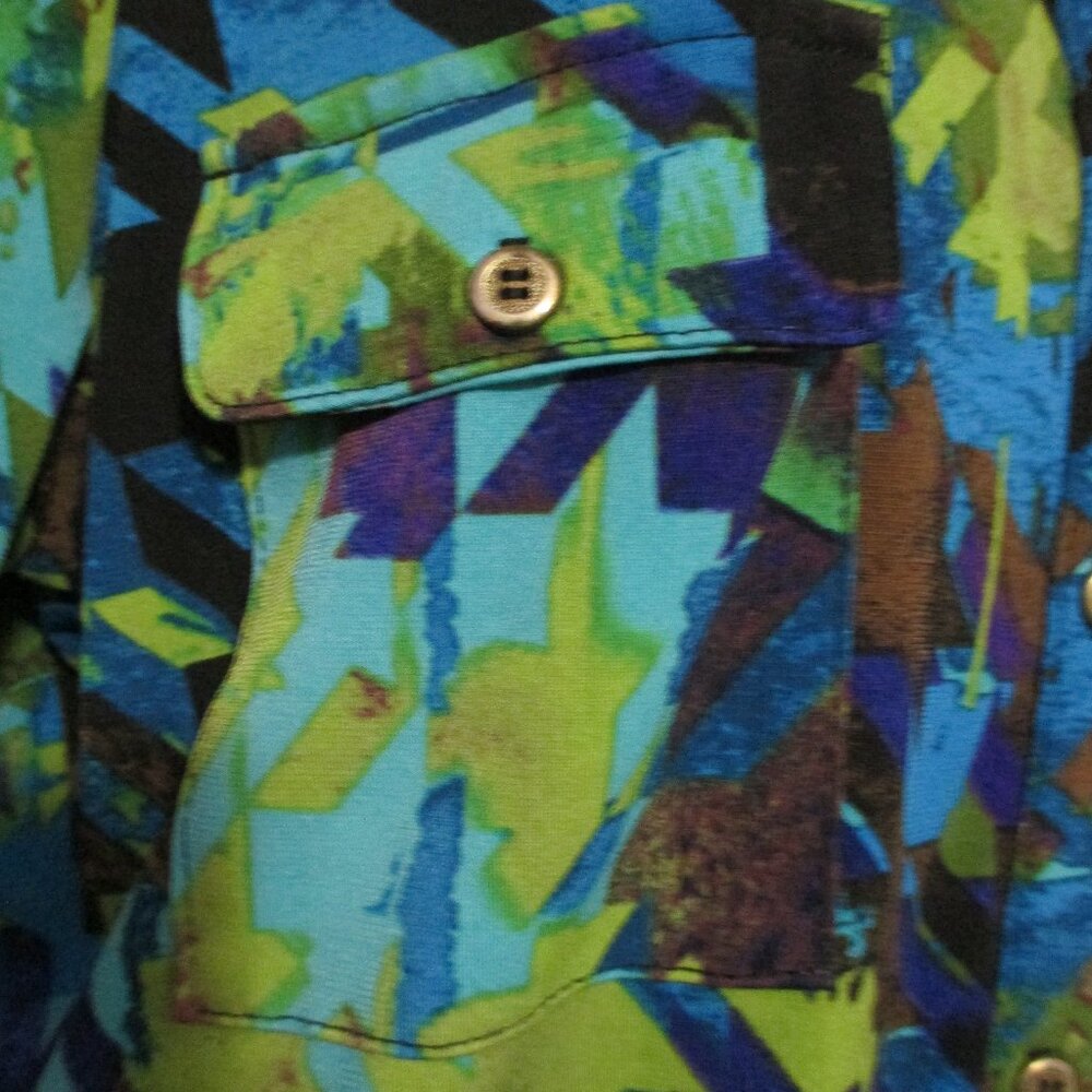 Kim Rogers top bold blues & greens, soft & stretchy button down casual size L - Picture 6 of 7